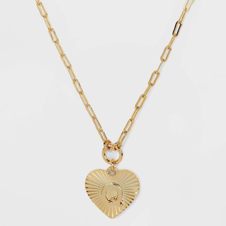 14k Gold Dipped 'q' Initial Diamond Cut Heart Pendant Necklace - A New Day Gold