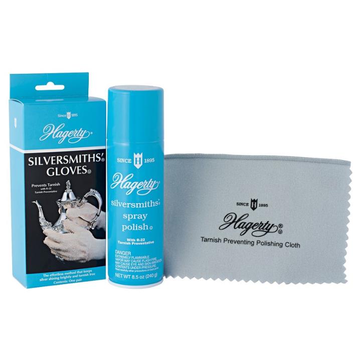 Hagerty Silversmiths' Spray Polish And Gloves 3 Piece. Set With R-22 Tarnish Preventative