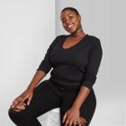 Women's Plus Size Long Sleeve V-neck Lettuce Edge Fitted T-shirt - Wild Fable Black