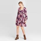 Women's Floral Print Long Sleeve V-neck Wrap Button-down Mini Dress - Xhilaration Plum Xs, Women's, Purple