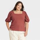 Women's Plus Size Puff Elbow Sleeve Top - A New Day Brown