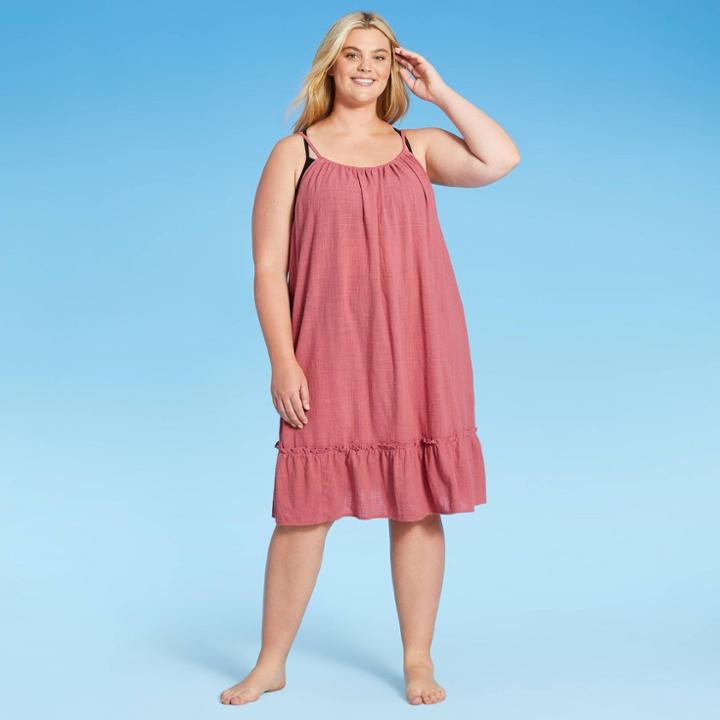 Women's Plus Size Tiered Midi Cover Up Dress - Kona Sol Rose Pink