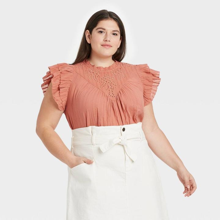 Women's Plus Size Ruffle Sleeveless Eyelet Blouse - Universal Thread Brown