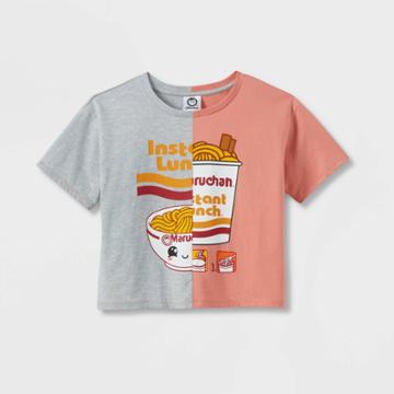 Girls' Maruchan Ramen Split Cropped Graphic T-shirt - Pink/heather Gray