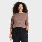 Women's Plus Size Striped Long Sleeve French T-shirt - A New Day Brown