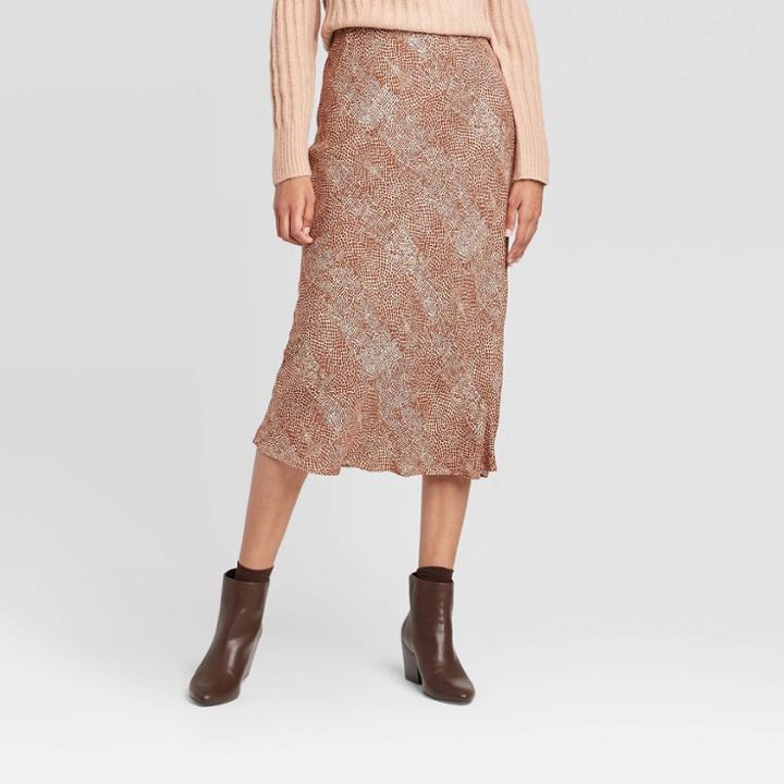 Women's Snakeskin Mid-rise Midi Slip Skirt - A New Day Brown