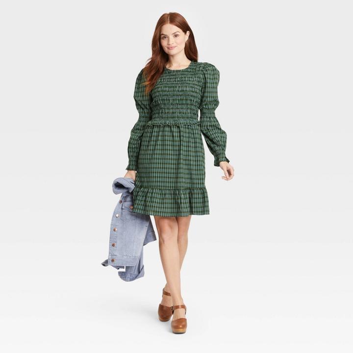 Women's Puff Long Sleeve Smocked Dress - Universal Thread Green Plaid
