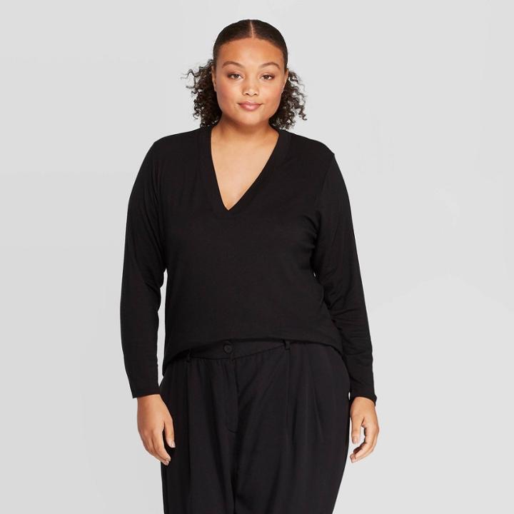 Women's Plus Size Long Sleeve Deep V-neck T-shirt - Prologue Black