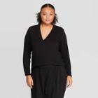 Women's Plus Size Long Sleeve Deep V-neck T-shirt - Prologue Black