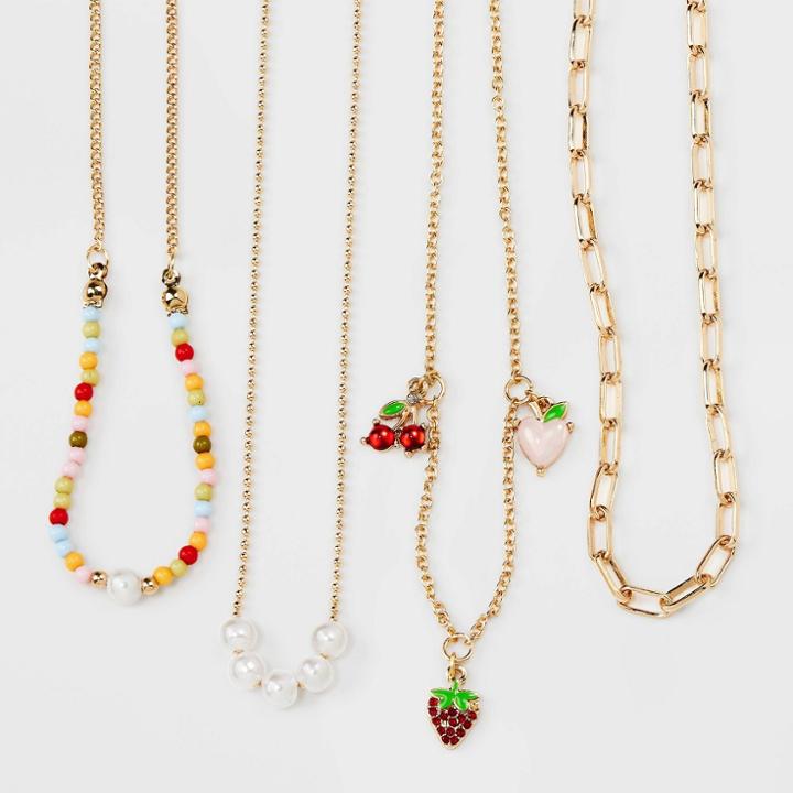 Girls' 4pk Mixed Layered Necklace With Pearls And Fruit Charms - Art Class