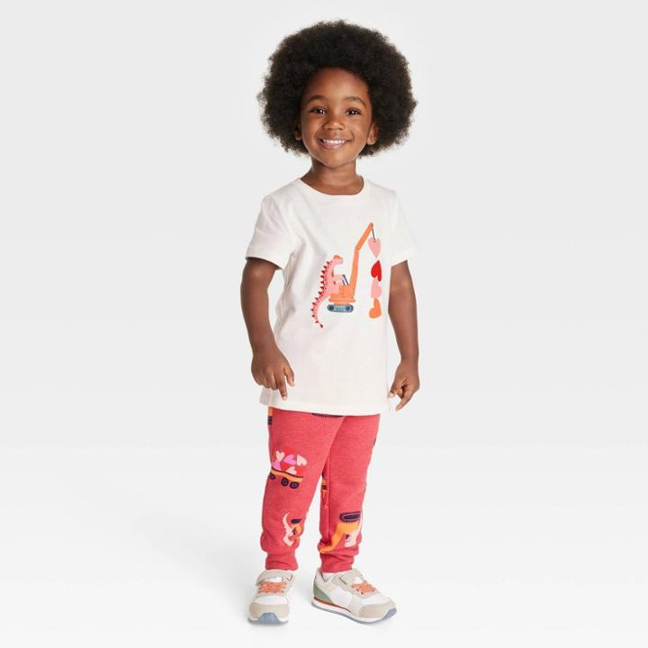 Toddler Boys' Valentine's Day Dino Short Sleeve T-shirt And Fleece Jogger Pants Set - Cat & Jack Cream