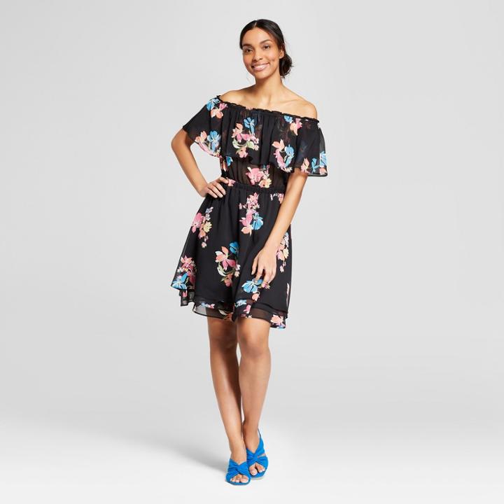 Women's Floral Print Off The Shoulder Tiered Hem Dress - A New Day Black