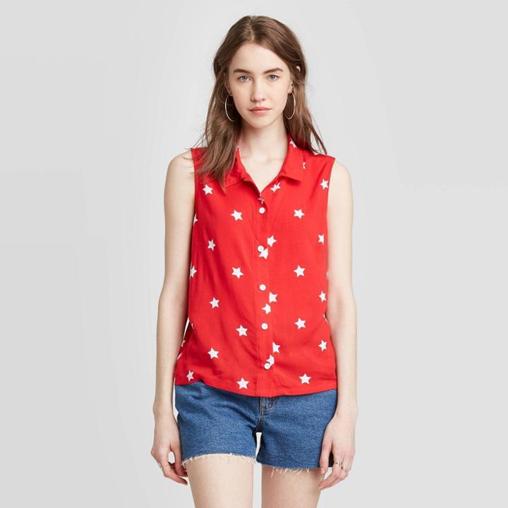 Fifth Sun Women's Star Print Sleeveless Button-down Graphic Shirt (juniors') - Scarlet Xs, Women's, Red