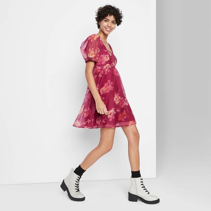 Women's Floral Print Short Sleeve Organza Muse Dress - Wild Fable Red
