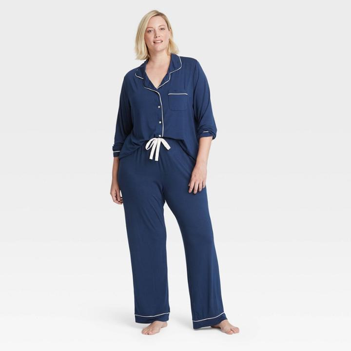 Women's Plus Size Beautifully Soft Long Sleeve Notch Collar Top And Pants Pajama Set - Stars Above Navy