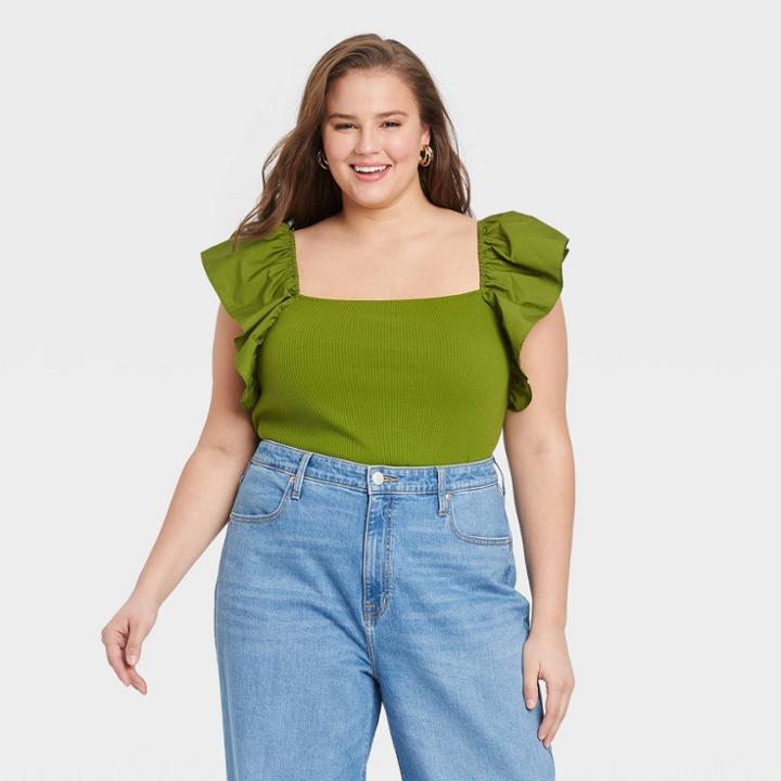 Women's Plus Size Ruffle Top - A New Day Green