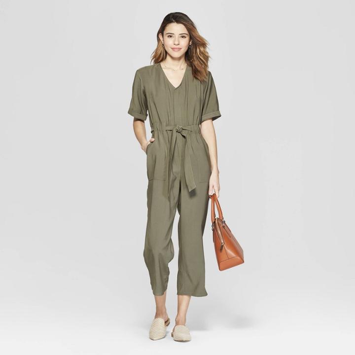 Women's Short Sleeve V-neck Utility Jumpsuit - A New Day Olive
