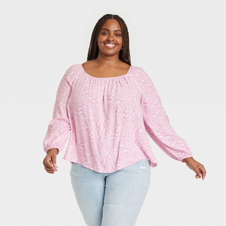 Women's Plus Size Balloon Long Sleeve Blouse - Ava & Viv Pink Geometric