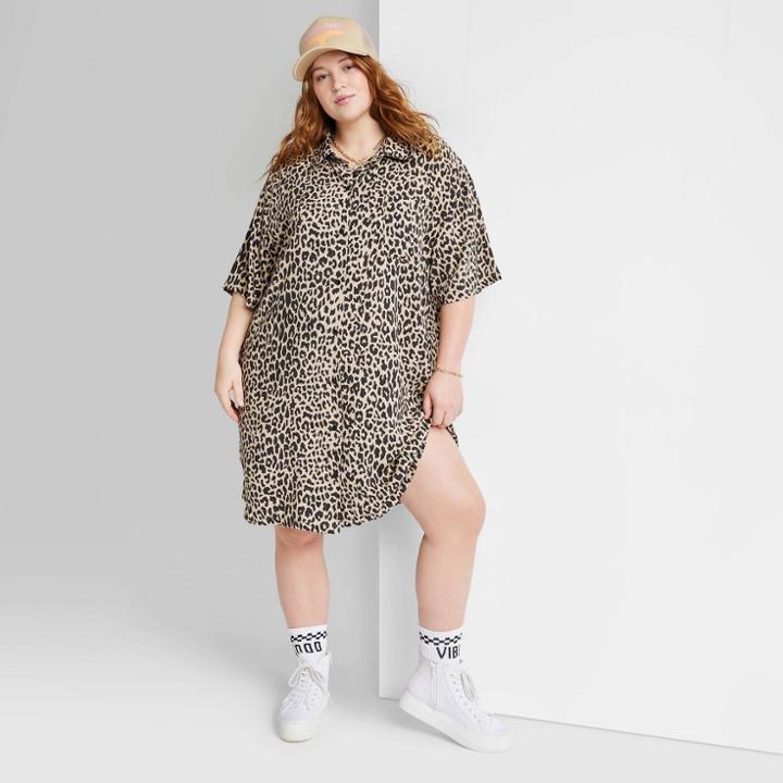 Women's Plus Size Ascot + Hart Short Sleeve Button-down Shirtdress - Tan Leopard Print