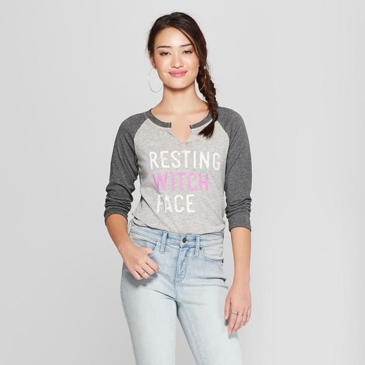 Women's 3/4 Sleeve Resting Witch Face Graphic Raglan T-shirt - Grayson Threads (juniors') Heather Gray