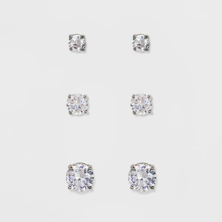 Target Studs Earrings Sterling Silver Three Pairs Assorted Size Round Cubic Zirconia -silver/clear,