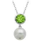 Prime Art & Jewel Sterling Silver Genuine White Pearl And Genuine Bezel Set Peridot Pendant Necklace With 18 Chain, Girl's,