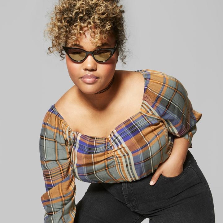 Women's Plus Size Plaid Puff Long Sleeve Ruched Front - Wild Fable Green