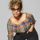 Women's Plus Size Plaid Puff Long Sleeve Ruched Front - Wild Fable Green