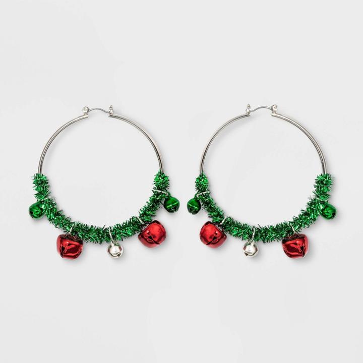 No Brand Tinsel Hoop With Bells Novelty Earrings - Green, Women's,
