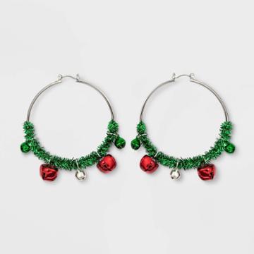 No Brand Tinsel Hoop With Bells Novelty Earrings - Green, Women's,