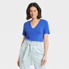 Women's Short Sleeve V-neck Drapey T-shirt - A New Day Blue