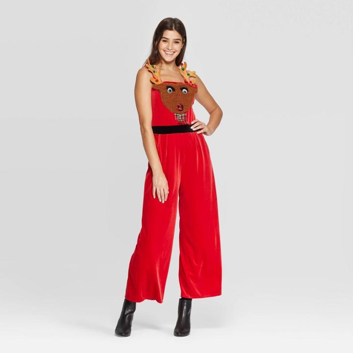 Women's Sleeveless Round Neck Reindeer Jumpsuit - Born Famous (juniors') - Red