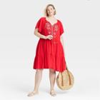 Women's Plus Size Raglan Short Sleeve Embroidered Tiered A-line Dress - Knox Rose Red