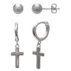 Target Women's Set Of Ball Stud And Cross Hoop Earrings In Sterling Silver -