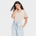 Women's Flutter Short Sleeve Scoop Neck Linen T-shirt - A New Day Light Brown