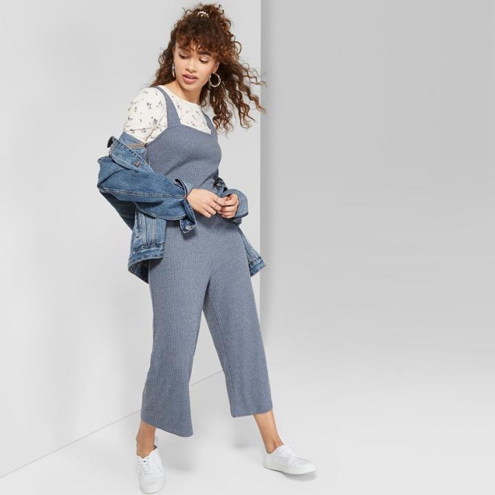 Women's Sleeveless Square Neck Strappy Rib Knit Cropped Jumpsuit - Wild Fable Blue