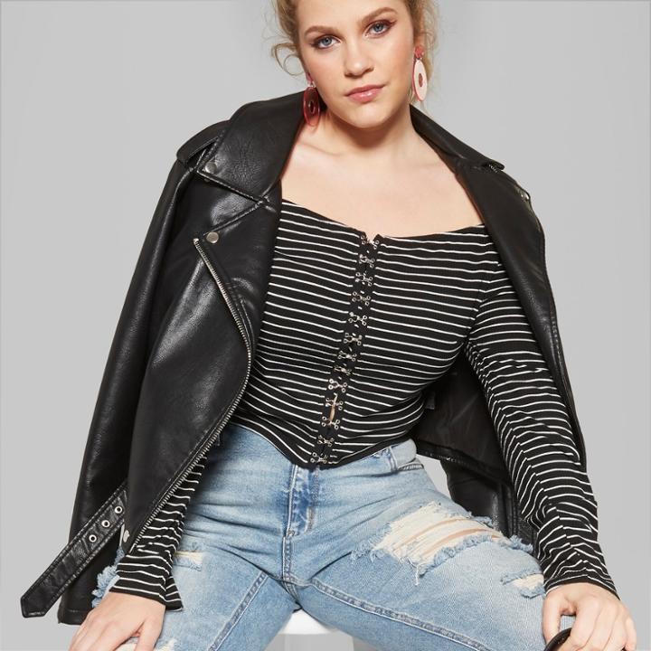 Women's Plus Size Striped Long Sleeve Off The Shoulder Top - Wild Fable Black