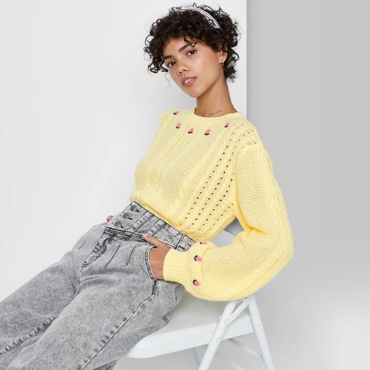 Women's Floral Print Crewneck Embroidered Cropped Cable Knit Pullover Sweater - Wild Fable Yellow