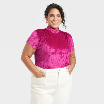 Women's Plus Size Short Sleeve Slim Fit Mock Turtleneck Velvet T-shirt - A New Day Pink