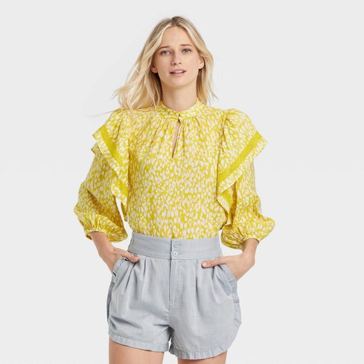 Women's Ruffle 3/4 Sleeve Lace Trim Blouse - Who What Wear Yellow Floral