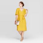 Women's Regular Fit Elbow Sleeve V-neck Tie-waist Woven Dress - A New Day Yellow