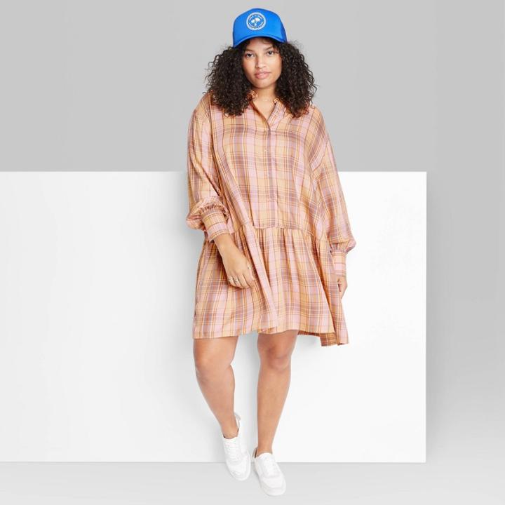 Women's Plus Size Ascot + Hart Long Sleeve Graphic Peplum Plaid Dress - Yellow