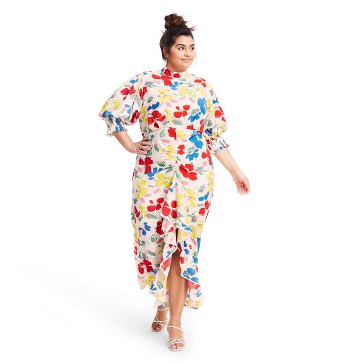 Plus Size Floral Mock Neck Cascade Ruffle Dress - Rixo For Target Cream