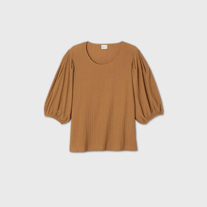 Women's Plus Size Puff 3/4 Sleeve Scoop Neck Top - Ava & Viv Desert