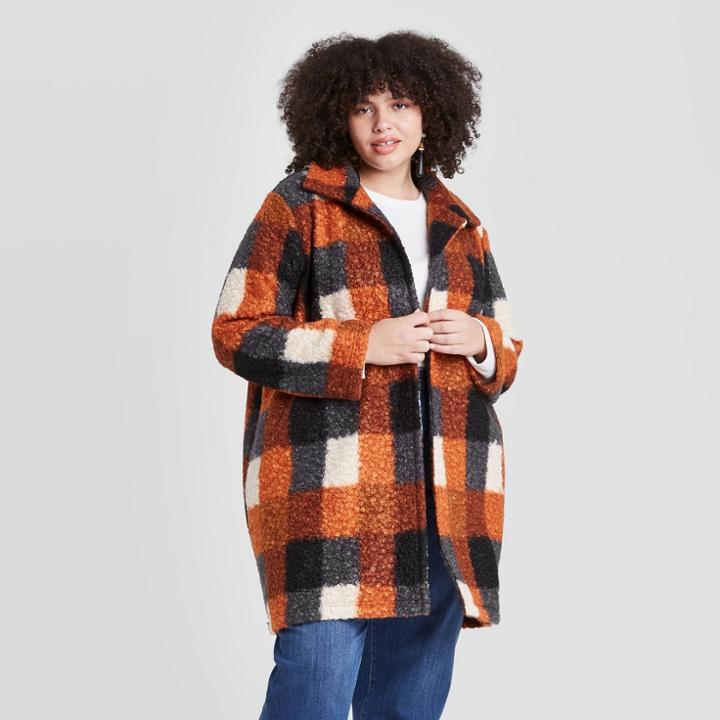 Women's Plus Size Plaid Overcoat Cardigan - Ava & Viv Brown X