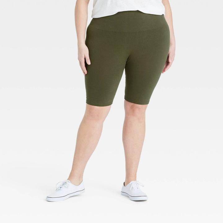 Women's Plus Size High-waist Cotton Blend Seamless 7 Inseam Bike Shorts - A New Day Olive