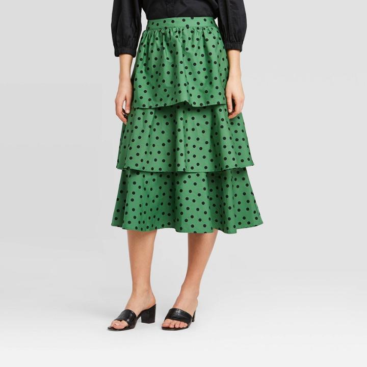 Women's Polka Dot Mid-rise Tiered Ruffle Midi Skirt - Who What Wear Green