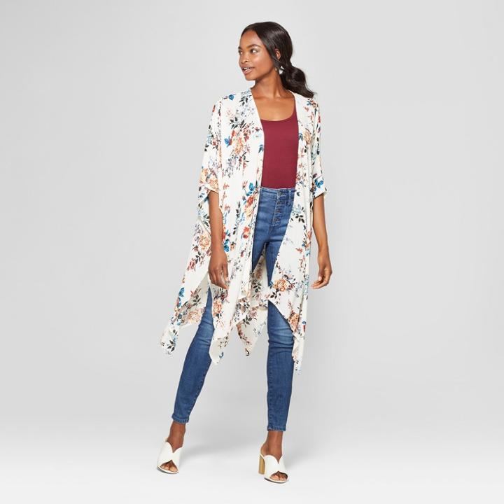 Women's Handkerchief Hem Floral Kimono - Xhilaration Ivory