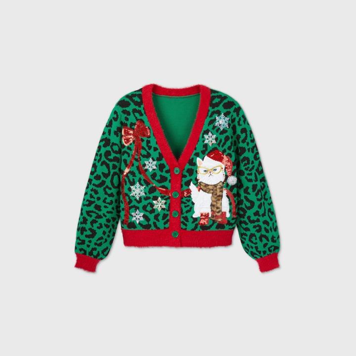33 Degrees Women's Cat Holiday Cardigan Sweater - Green