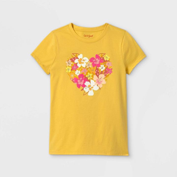 Girls' Floral Heart Graphic Short Sleeve T-shirt - Cat & Jack Light Mustard